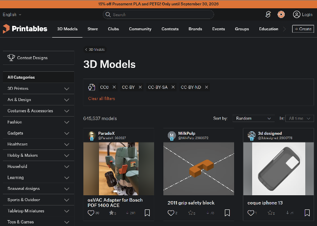 A screenshot of the Printables 3D Models storefront page, showing a dark-themed interface with a left sidebar menu, a central list of 3D models, and three featured model thumbnails including a Hatterisequin, two fluffy pillows, and a Master Chief 3D model.